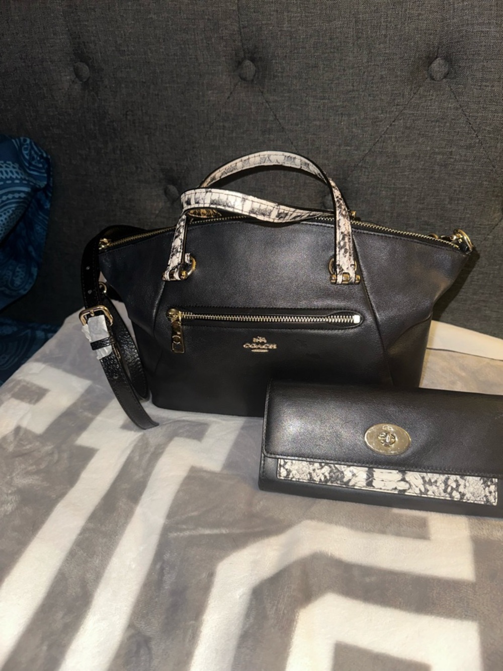 Coach Black Leather Satchel with Snake-Print Handles and Trim